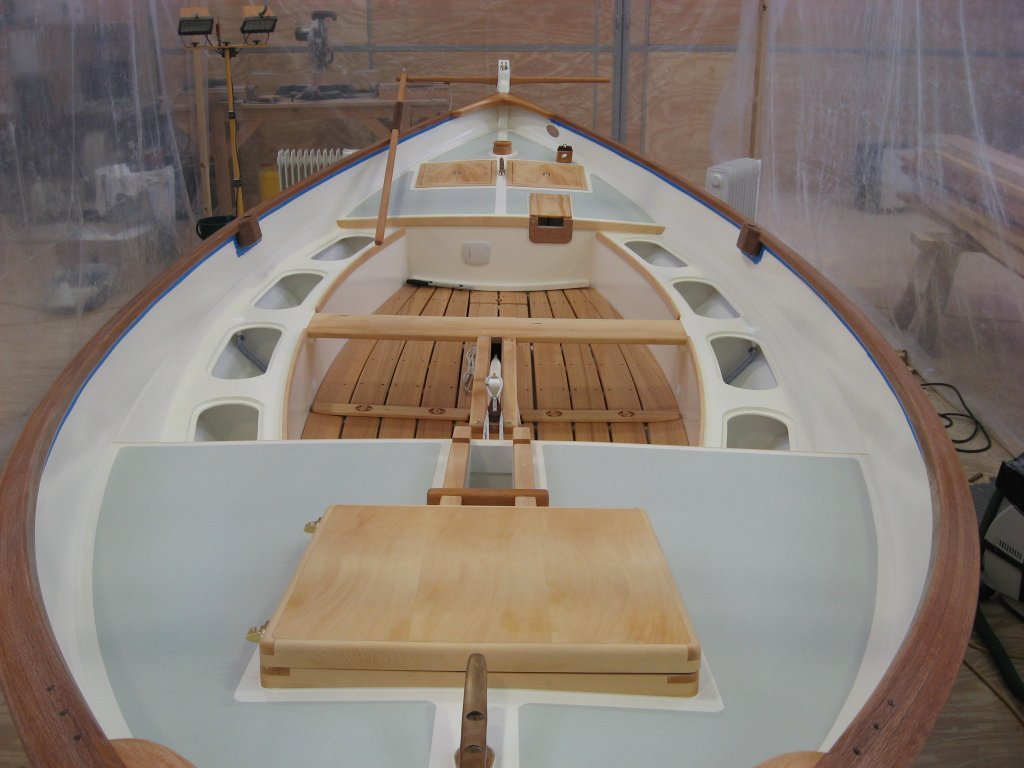 Interior of Caledonia Yawl showing side benches and foredeck anchor well hatch